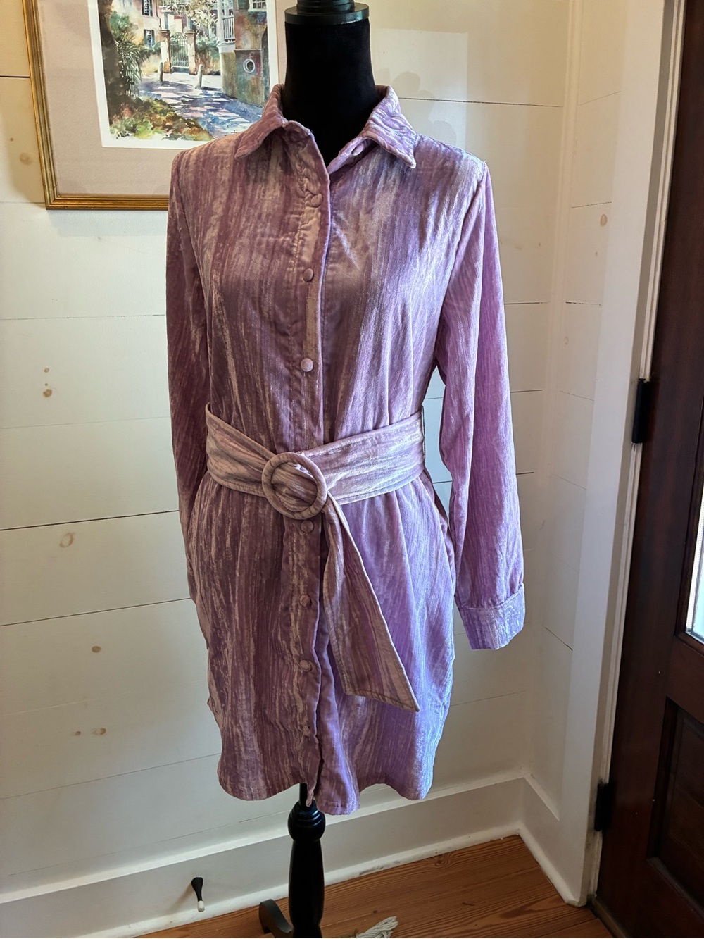 Fate Lavender Crushed Velvet Button Down Shirt Dress Mini Belted medium groovy